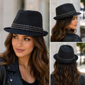 Black Studded Fedora Hat | Classic Unisex Trilby with Metal Stud Hat Band | Fashion Dress Hat