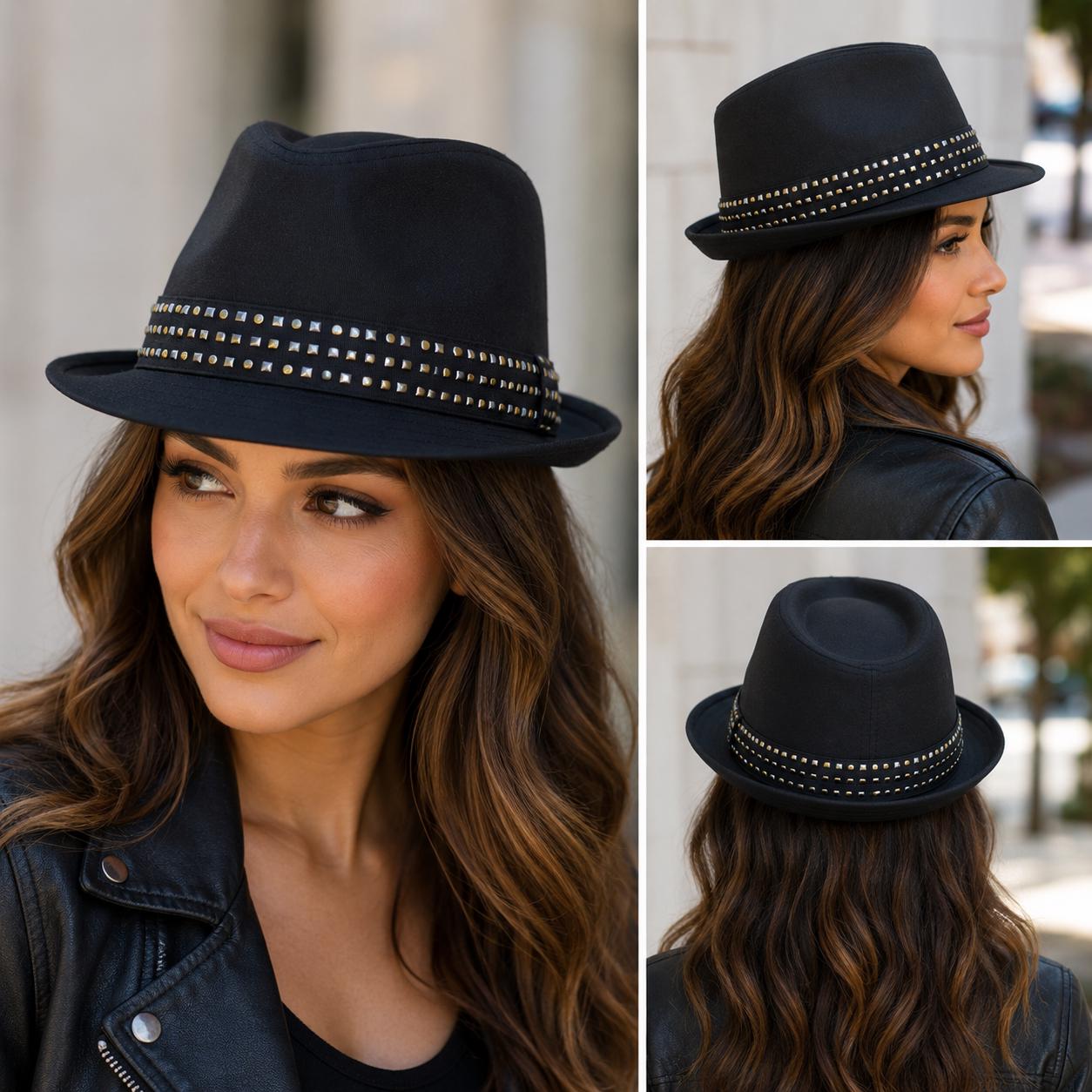 Black Studded Fedora Hat | Classic Unisex Trilby with Metal Stud Hat Band | Fashion Dress Hat