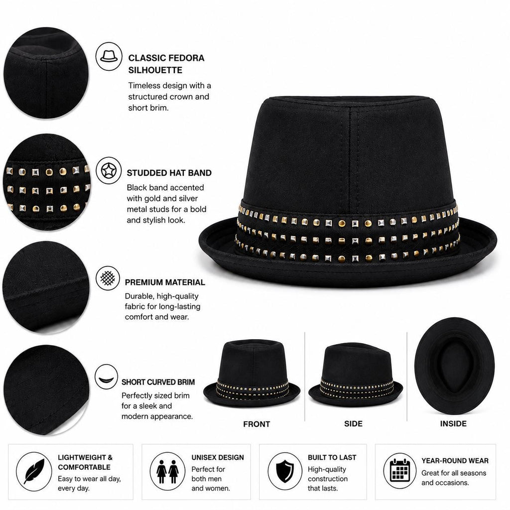 Black Studded Fedora Hat | Classic Unisex Trilby with Metal Stud Hat Band | Fashion Dress Hat