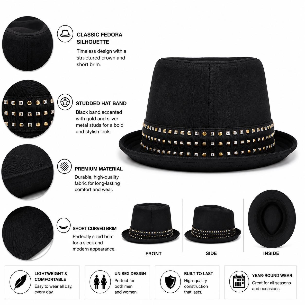 Black Studded Fedora Hat | Classic Unisex Trilby with Metal Stud Hat Band | Fashion Dress Hat