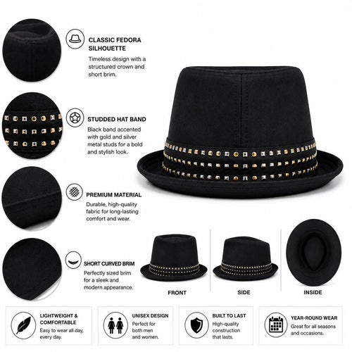 Black Studded Fedora Hat | Classic Unisex Trilby with Metal Stud Hat Band | Fashion Dress Hat
