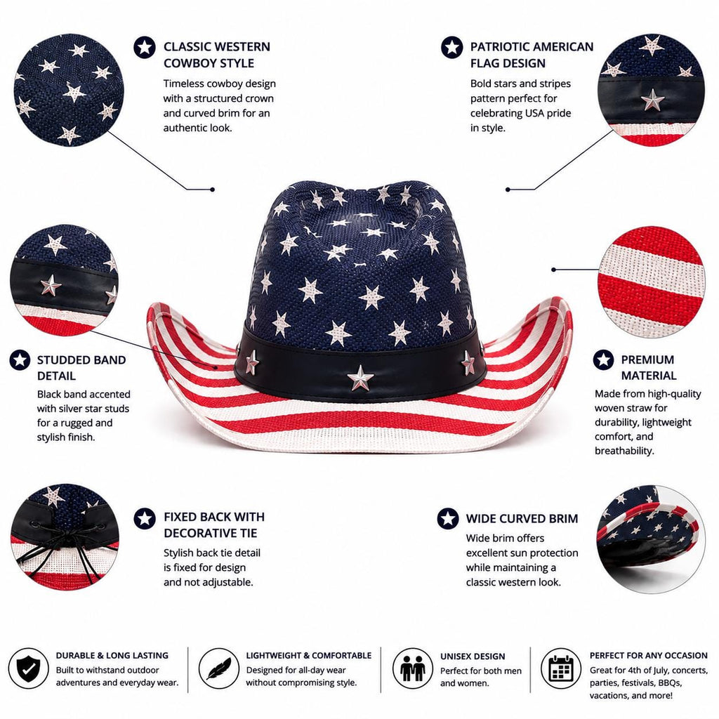 American Flag Cowboy Hat | Patriotic USA Western Straw Hat | Unisex Stars & Stripes Rodeo Hat