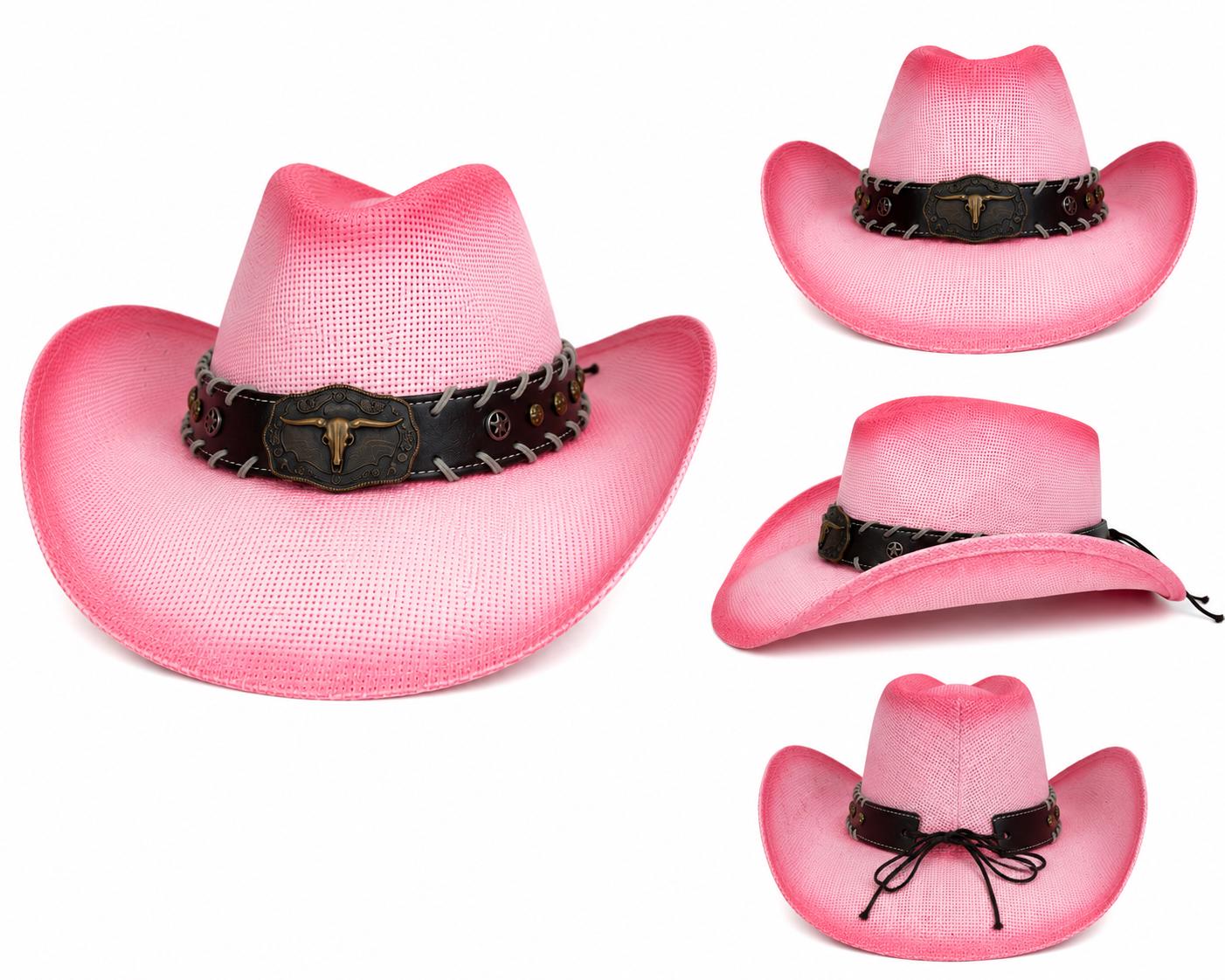 Pink & Tan Western Straw Cowboy Hat | Lightweight Sun Hat | Unisex