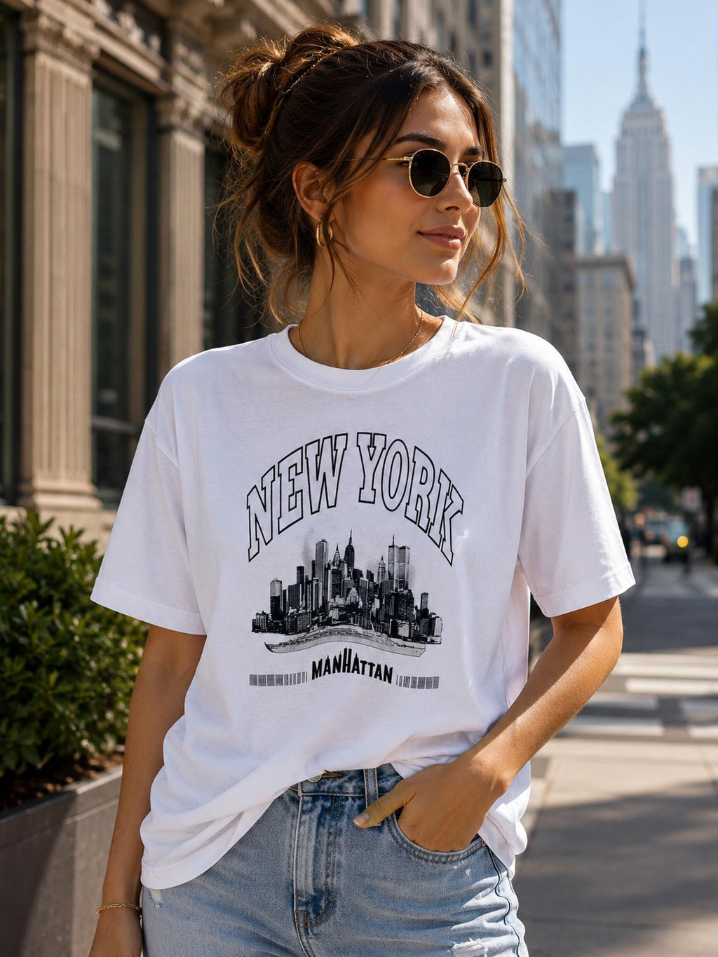 New York Manhattan Skyline Graphic T-Shirt | NYC Vintage Style Tee | Unisex New York City Souvenir Shirt