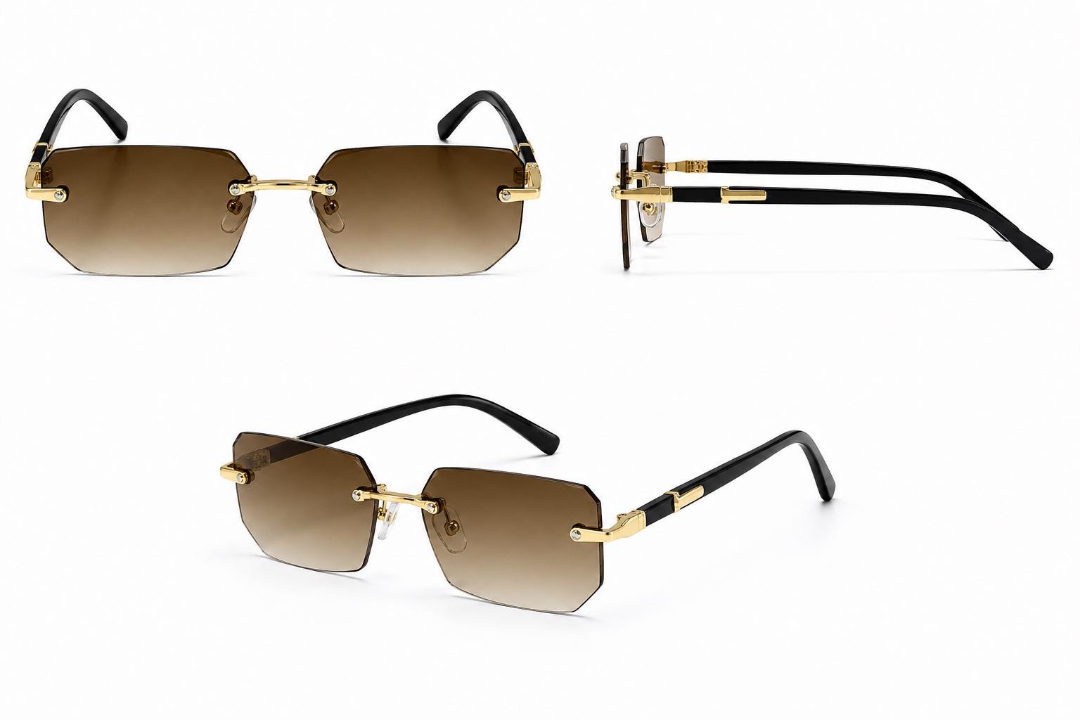 Luxury Rimless Rectangle Sunglasses | Gold Metal Frame | UV400 Fashion Shades for Men & Women