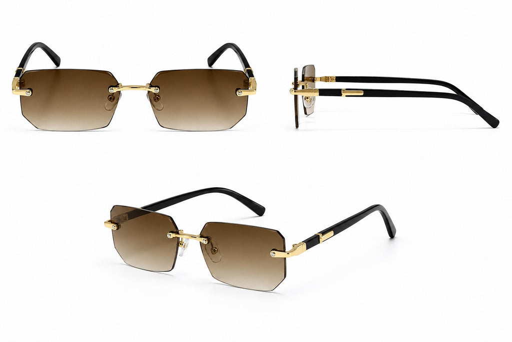 Luxury Rimless Rectangle Sunglasses | Gold Metal Frame | UV400 Fashion Shades for Men & Women