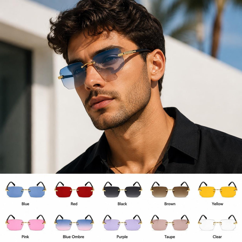 Luxury Rimless Rectangle Sunglasses | Gold Metal Frame | UV400 Fashion Shades for Men & Women