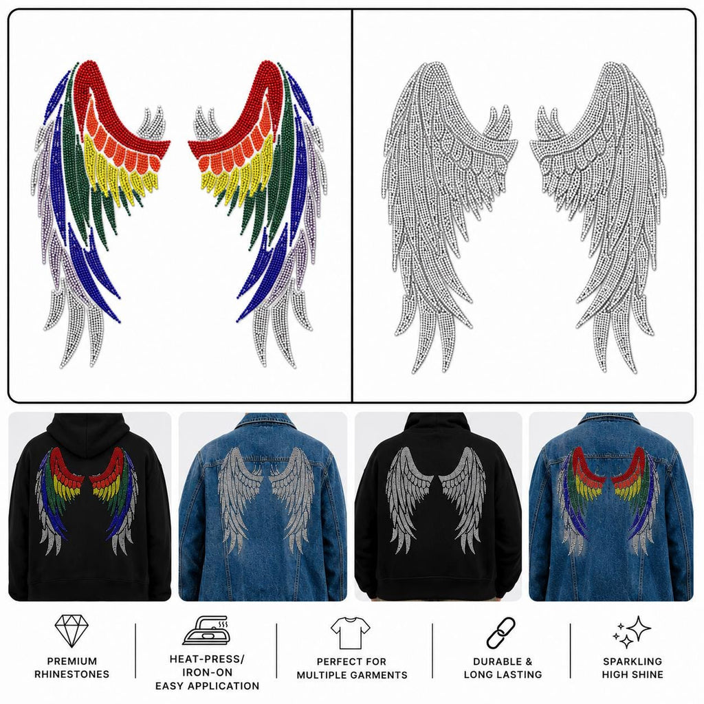 Rhinestone Angel Wing Iron-On Decal | Crystal Wing Applique | Hot Fix Bling Transfer for Jackets, Hoodies, T-Shirts & DIY Fashion