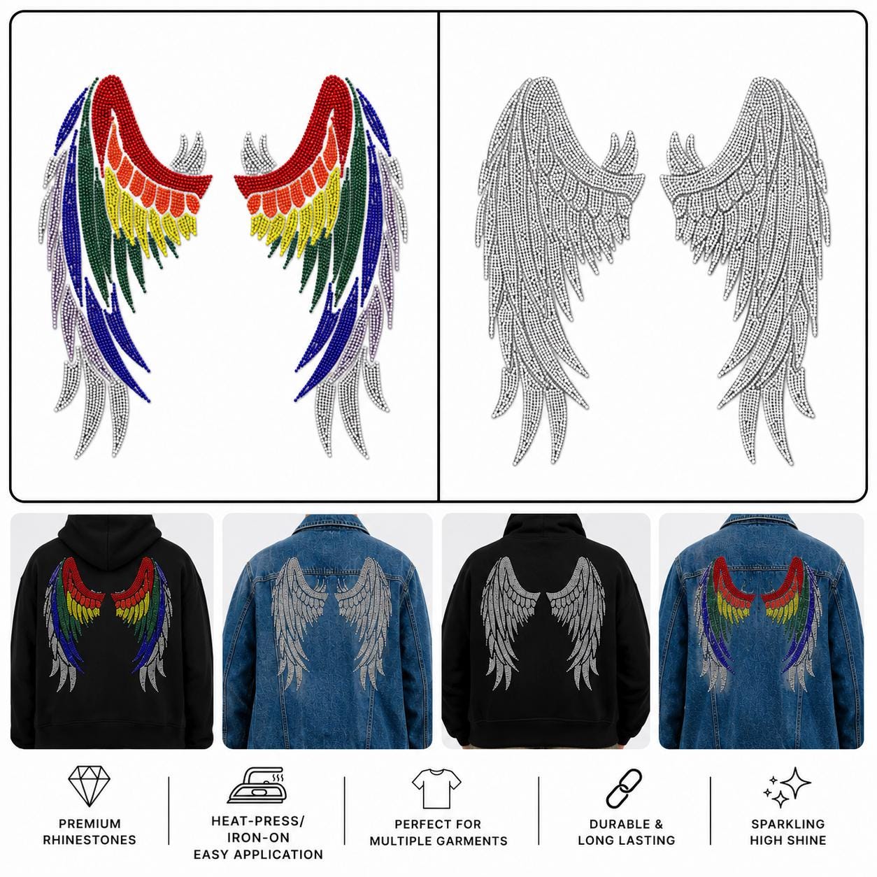 Rhinestone Angel Wing Iron-On Decal | Crystal Wing Applique | Hot Fix Bling Transfer for Jackets, Hoodies, T-Shirts & DIY Fashion