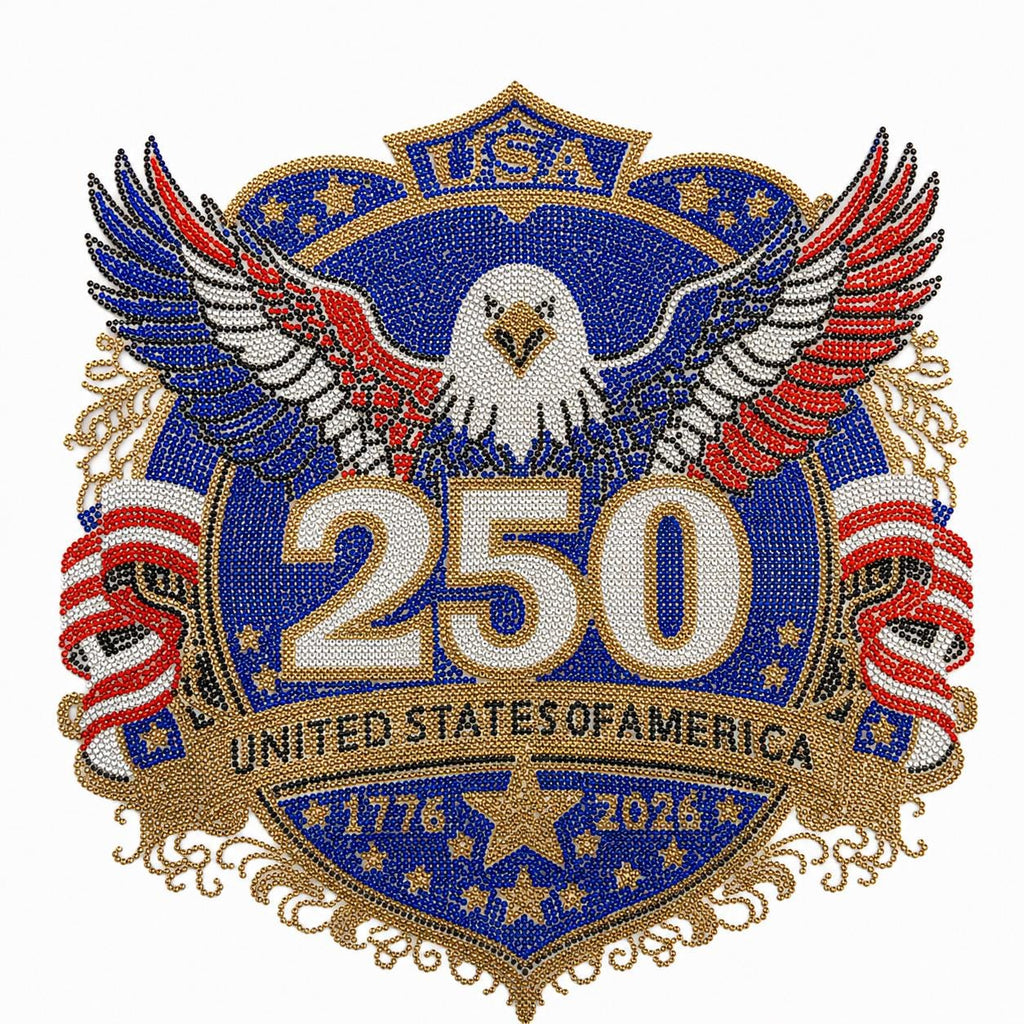 USA 250th Anniversary Rhinestone Heat Transfer | Patriotic Eagle Iron-On Decal | Red White Blue Crystal Applique
