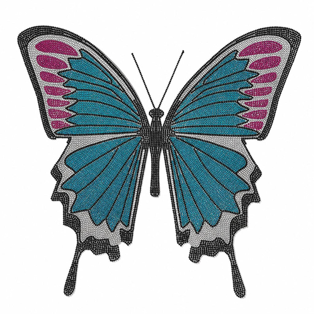 Large Rhinestone Butterfly Heat Transfer Decal | Blue & Pink Iron-On Crystal Applique