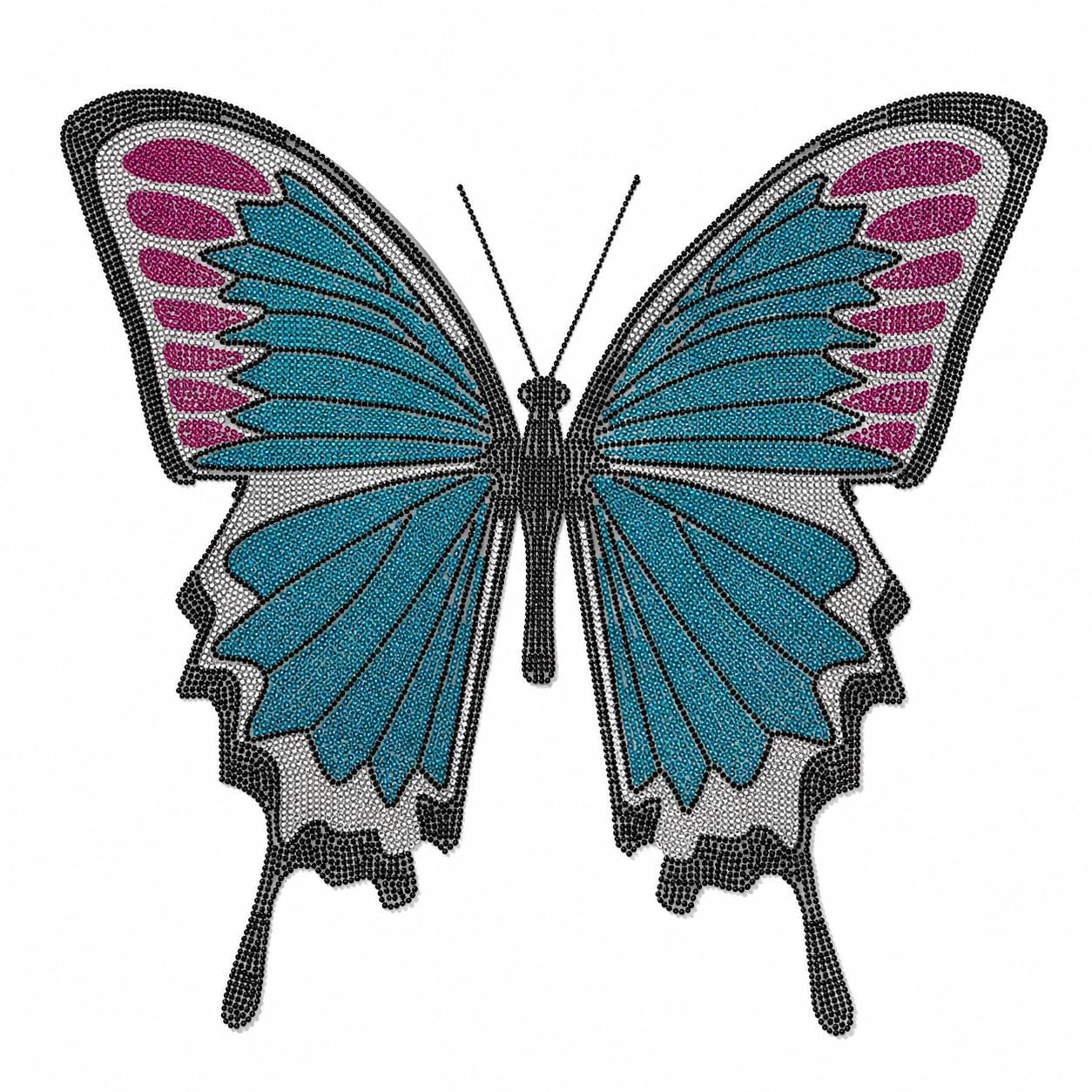Large Rhinestone Butterfly Heat Transfer Decal | Blue & Pink Iron-On Crystal Applique