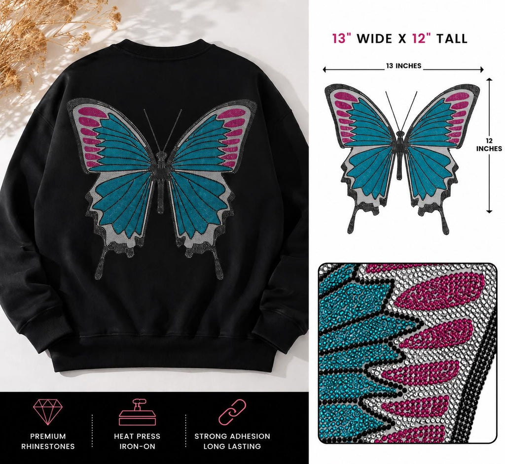 Large Rhinestone Butterfly Heat Transfer Decal | Blue & Pink Iron-On Crystal Applique