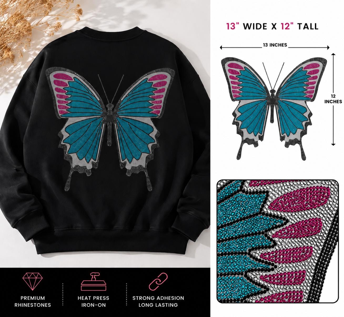 Large Rhinestone Butterfly Heat Transfer Decal | Blue & Pink Iron-On Crystal Applique
