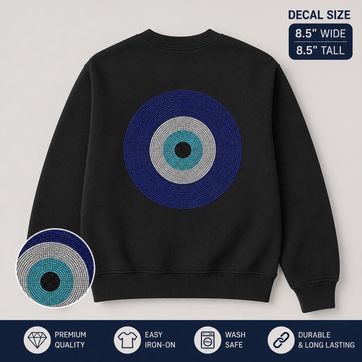 Blue Evil Eye Rhinestone Heat Transfer | Iron-On Crystal Applique | Nazar Protection Bling Decal