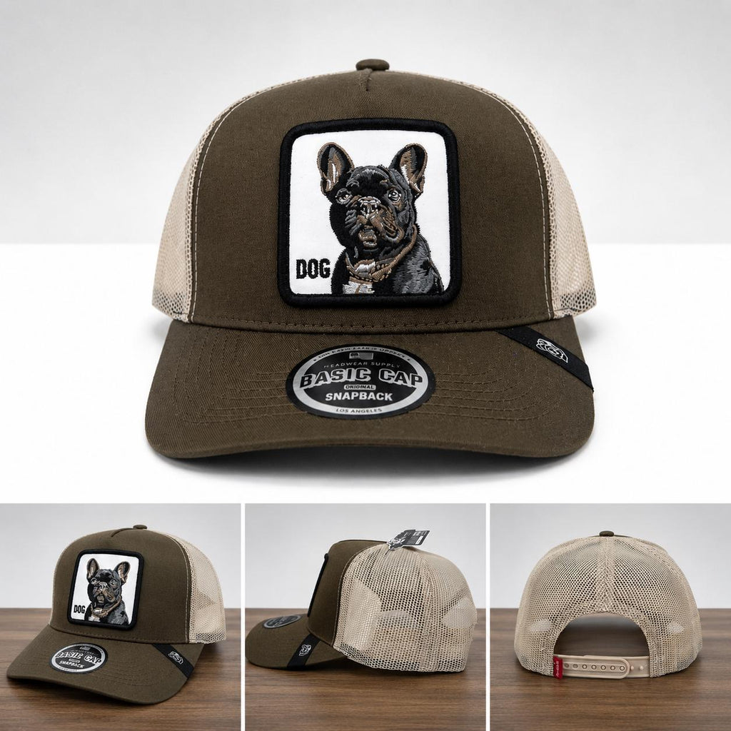 French Bulldog Trucker Hat | Olive & Khaki Mesh Snapback Cap | Embroidered Dog Patch Baseball Hat | Adjustable Unisex Outdoor Cap