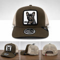 French Bulldog Trucker Hat | Olive & Khaki Mesh Snapback Cap | Embroidered Dog Patch Baseball Hat | Adjustable Unisex Outdoor Cap