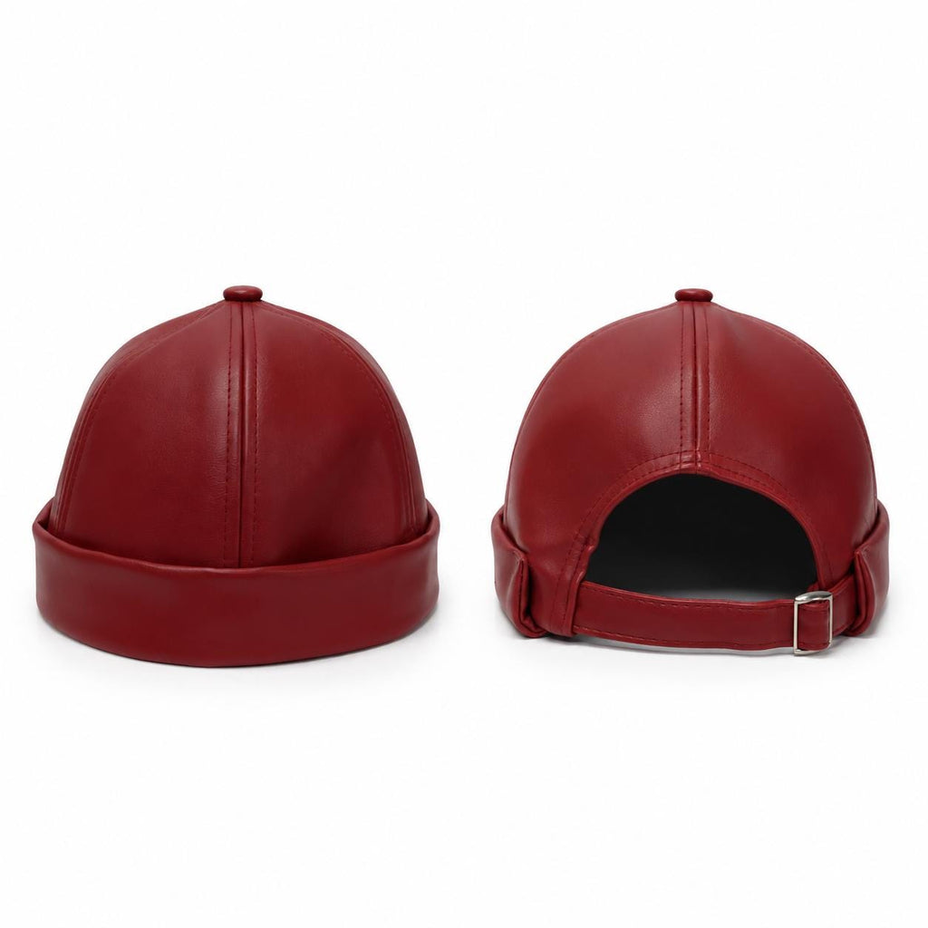 Unisex Leather-Look Brimless Docker Hat – Adjustable Rolled-Cuff Cap in Black, Burgundy and Tan
