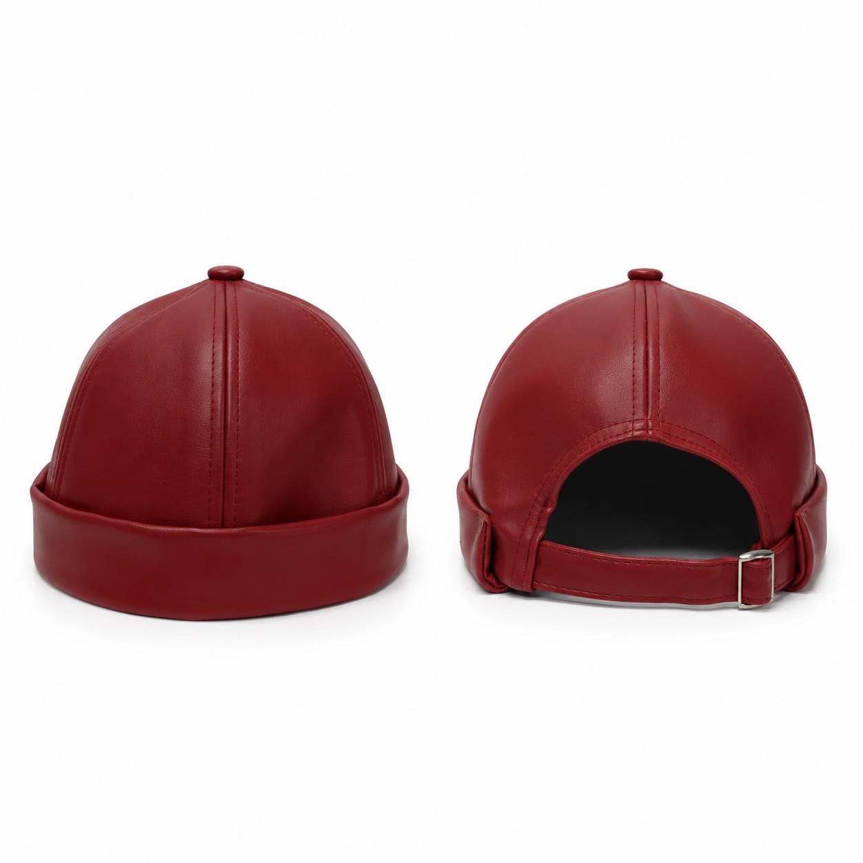 Unisex Leather-Look Brimless Docker Hat – Adjustable Rolled-Cuff Cap in Black, Burgundy and Tan