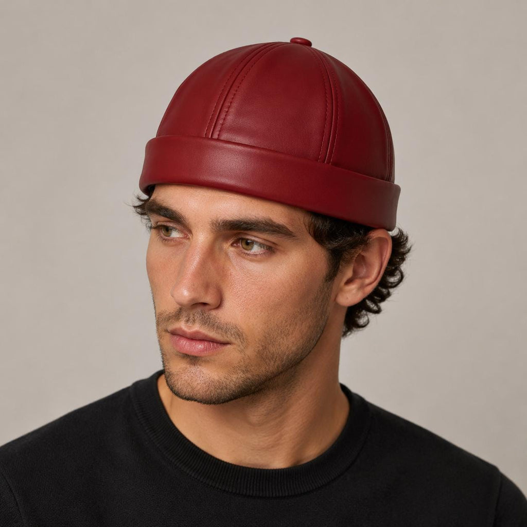 Unisex Leather-Look Brimless Docker Hat – Adjustable Rolled-Cuff Cap in Black, Burgundy and Tan