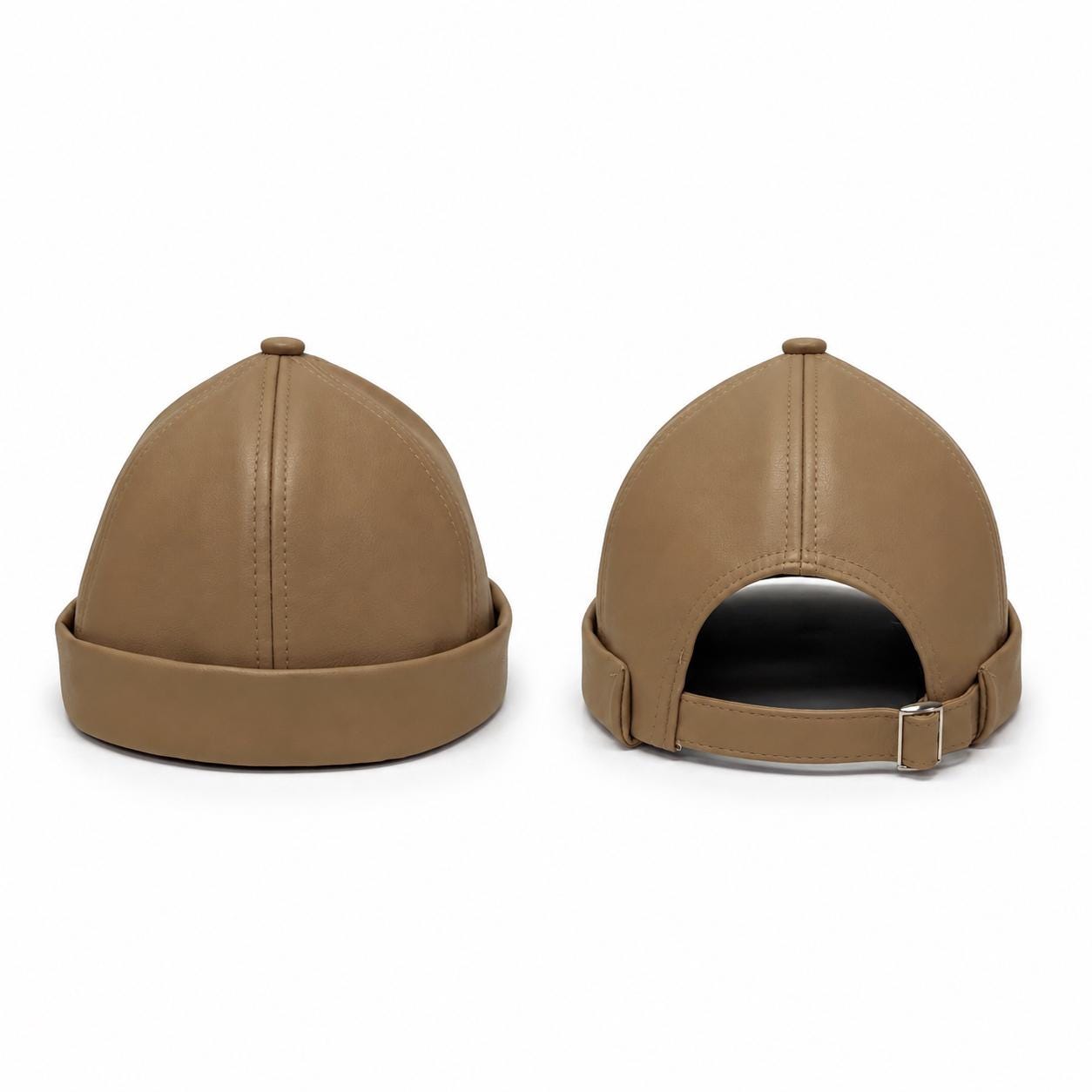 Unisex Leather-Look Brimless Docker Hat – Adjustable Rolled-Cuff Cap in Black, Burgundy and Tan