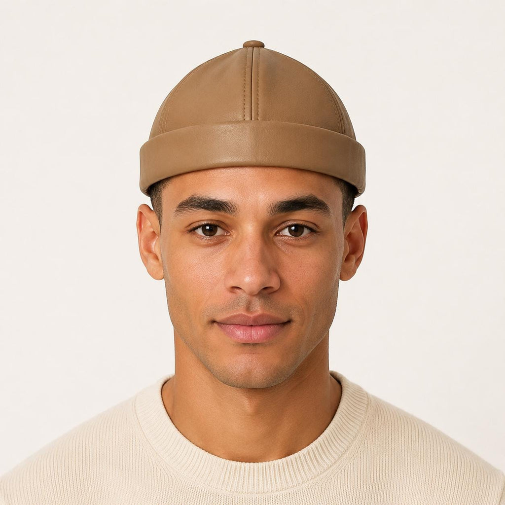 Unisex Leather-Look Brimless Docker Hat – Adjustable Rolled-Cuff Cap in Black, Burgundy and Tan