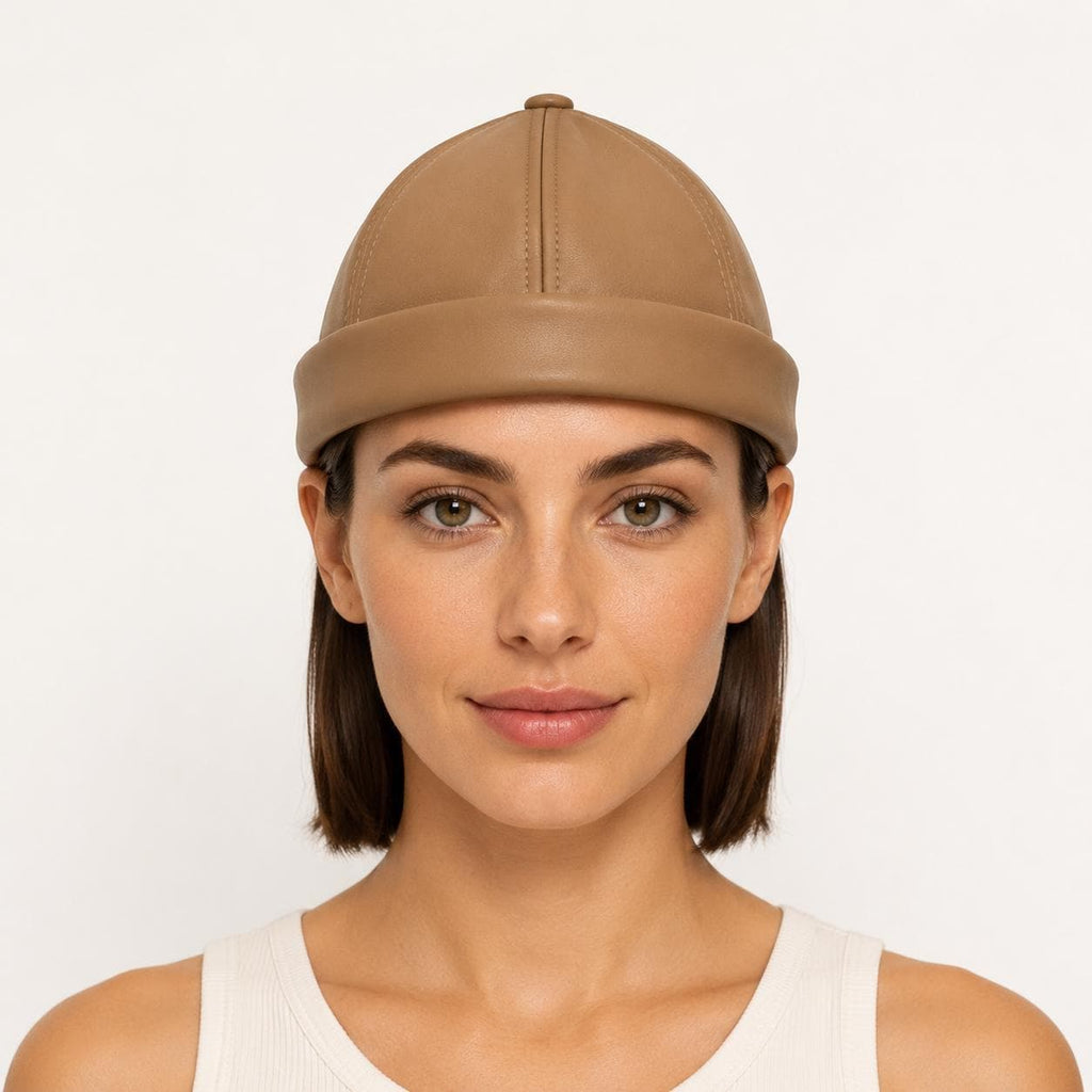 Unisex Leather-Look Brimless Docker Hat – Adjustable Rolled-Cuff Cap in Black, Burgundy and Tan