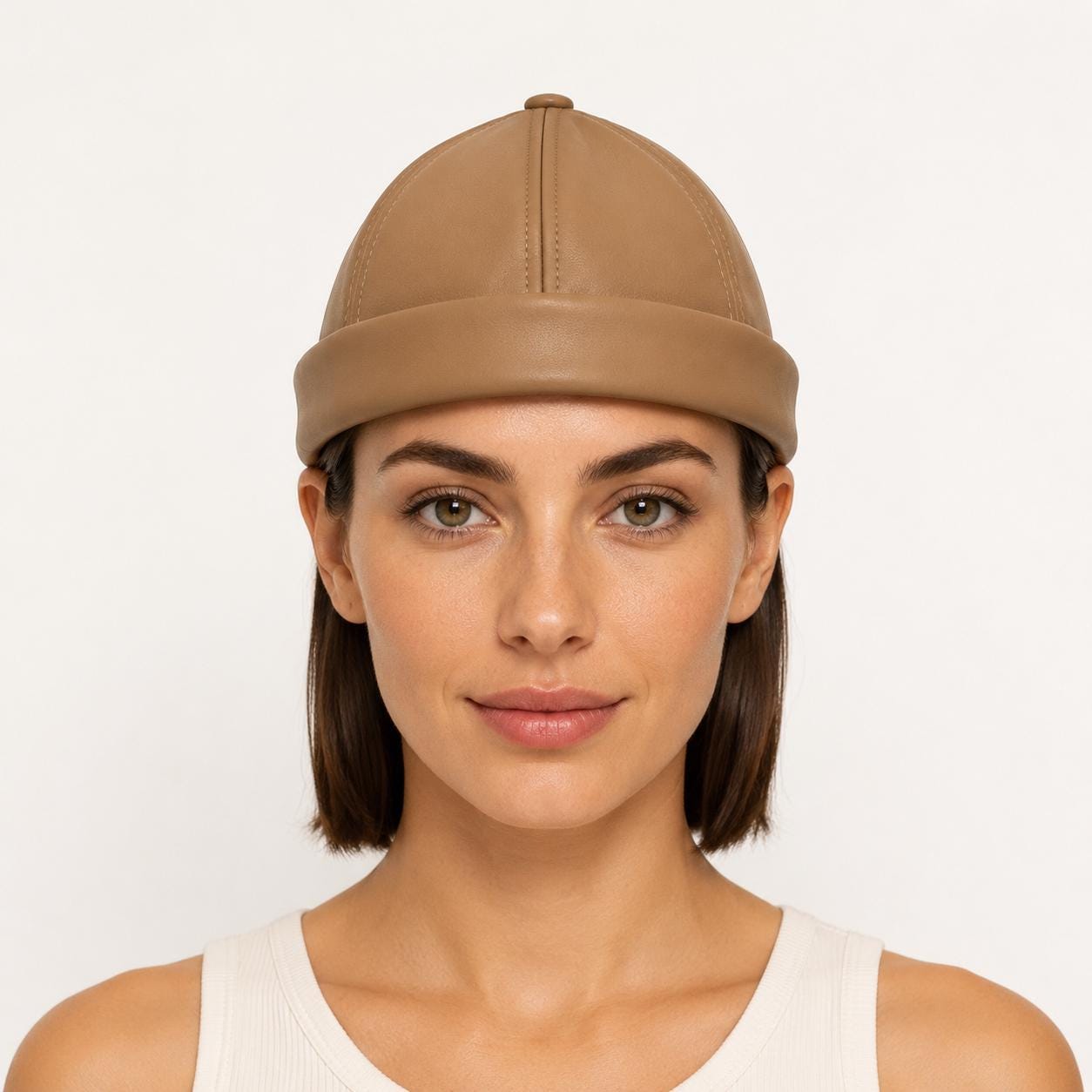 Unisex Leather-Look Brimless Docker Hat – Adjustable Rolled-Cuff Cap in Black, Burgundy and Tan