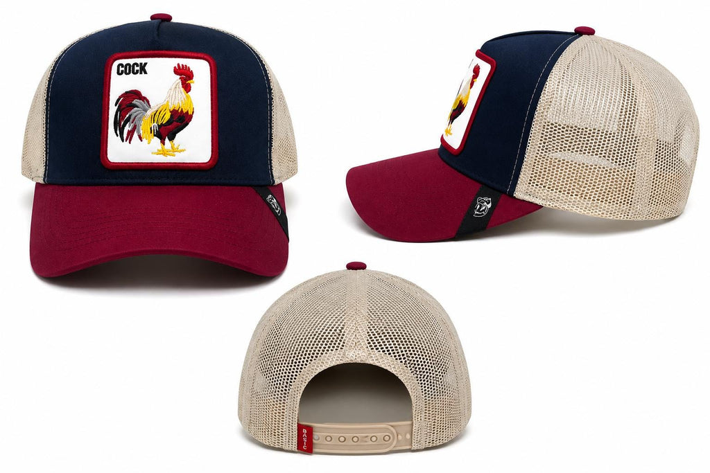 Rooster "COCK" Embroidered Trucker Hat | Navy & Burgundy Mesh Snapback Cap | Adjustable Unisex Baseball Hat