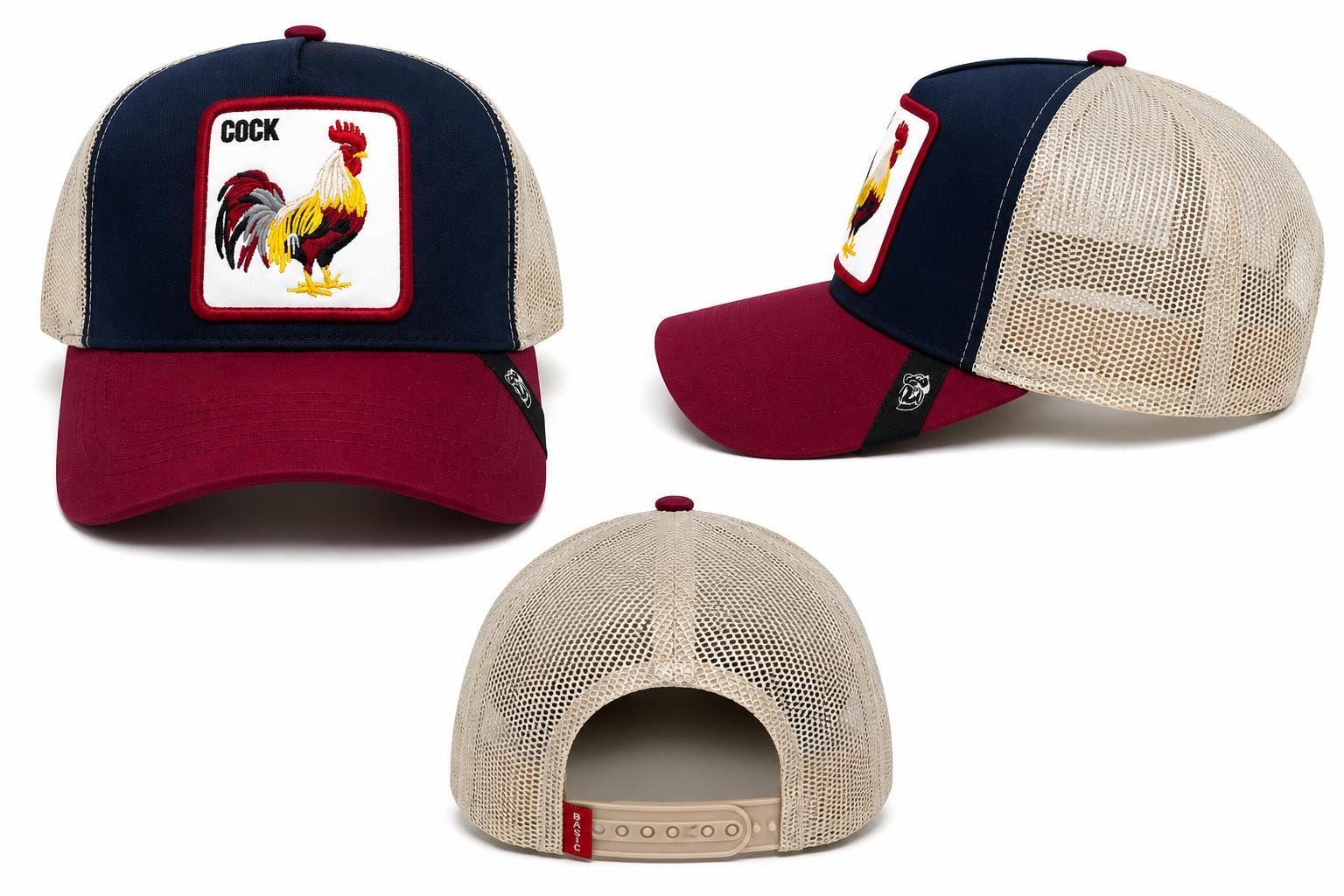 Rooster "COCK" Embroidered Trucker Hat | Navy & Burgundy Mesh Snapback Cap | Adjustable Unisex Baseball Hat