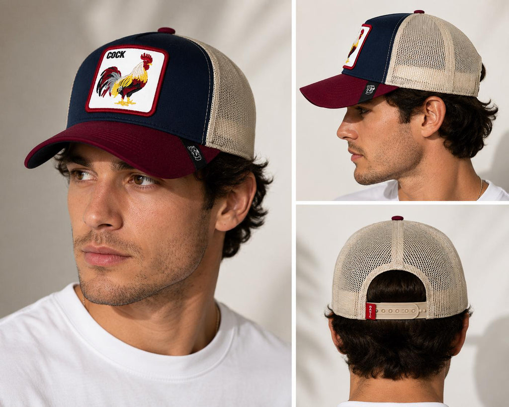 Rooster "COCK" Embroidered Trucker Hat | Navy & Burgundy Mesh Snapback Cap | Adjustable Unisex Baseball Hat