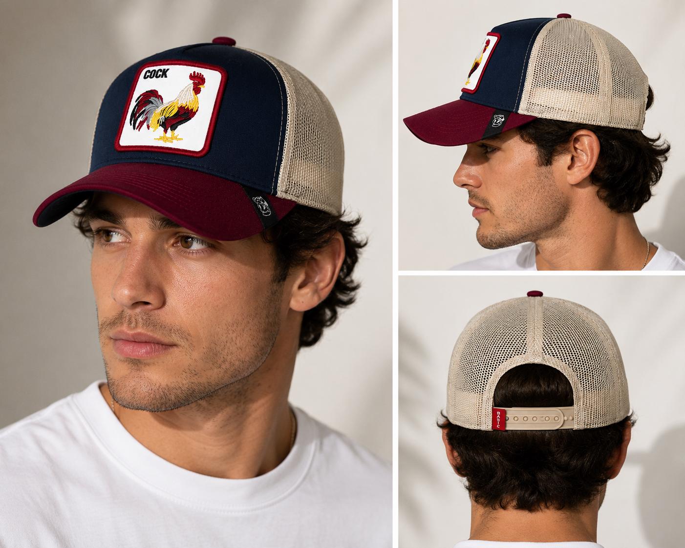 Rooster "COCK" Embroidered Trucker Hat | Navy & Burgundy Mesh Snapback Cap | Adjustable Unisex Baseball Hat