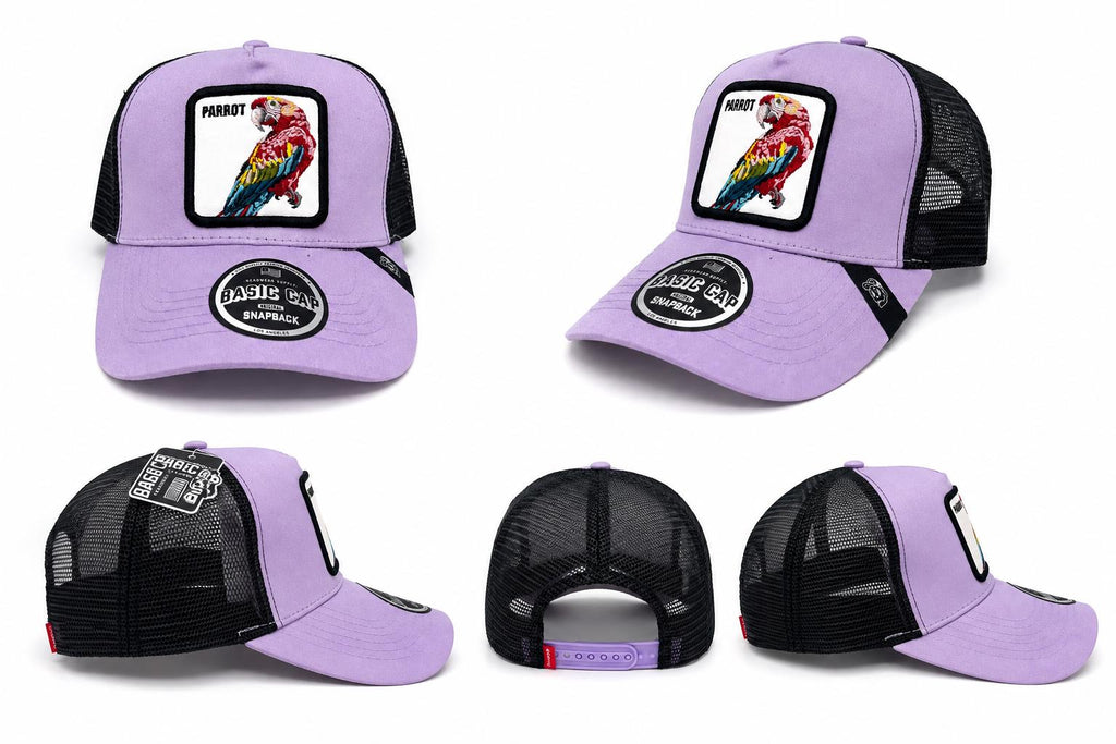 Lavender Parrot Trucker Hat | Embroidered Bird Patch Snapback Cap | Black Mesh Adjustable Baseball Cap | Unisex Streetwear