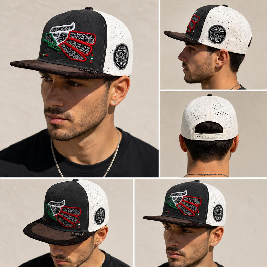 Mexican Heritage Embroidered Flat Bill Snapback Hat | Premium Suede Performance Cap | Aztec Side Patch