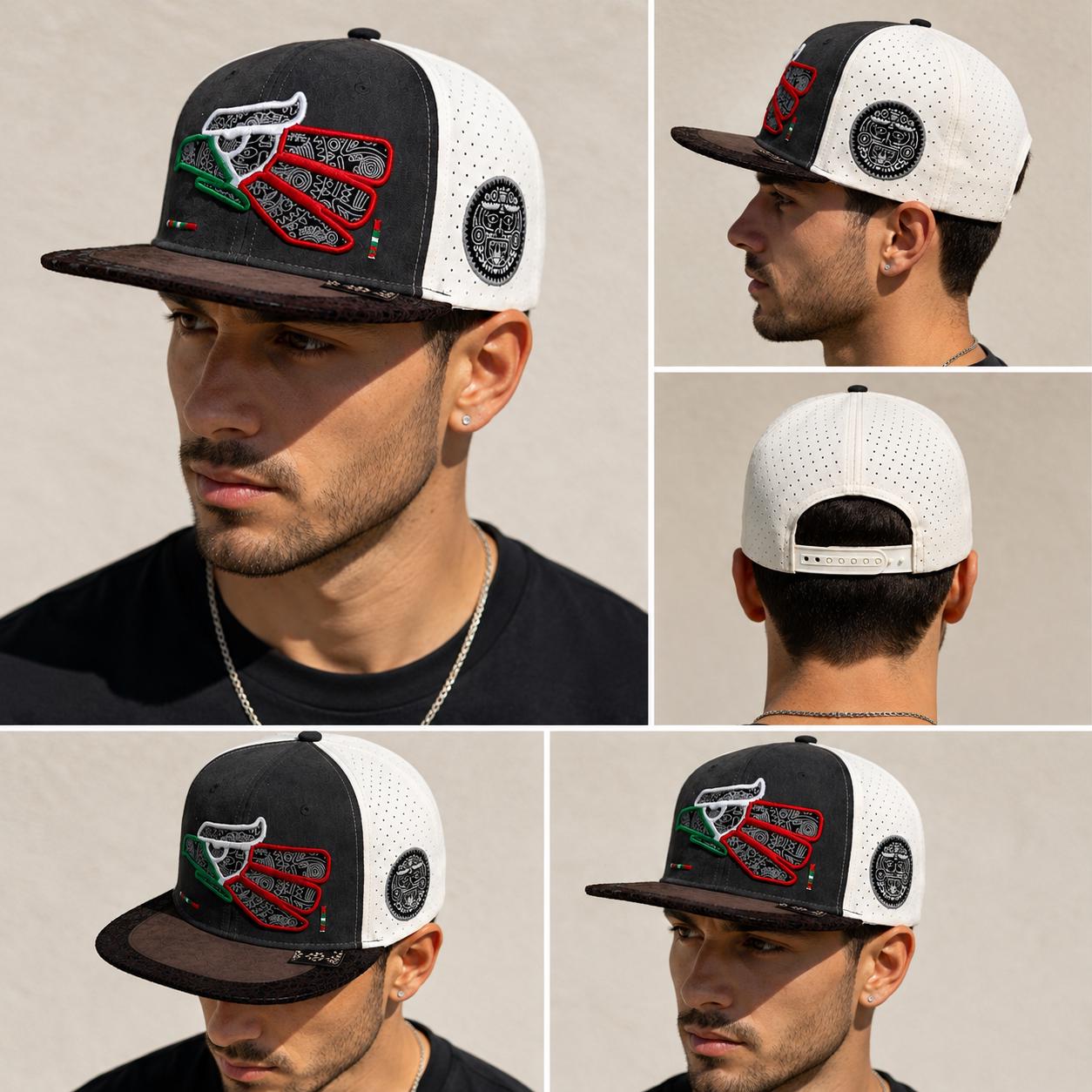 Mexican Heritage Embroidered Flat Bill Snapback Hat | Premium Suede Performance Cap | Aztec Side Patch