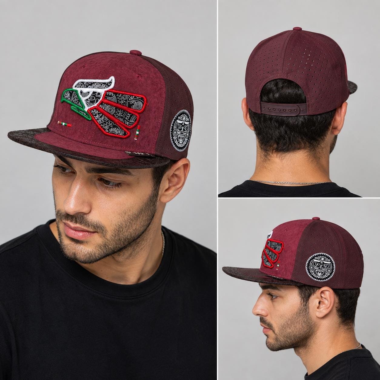 Mexican Heritage Embroidered Flat Bill Snapback Hat | Premium Suede Performance Cap | Aztec Side Patch