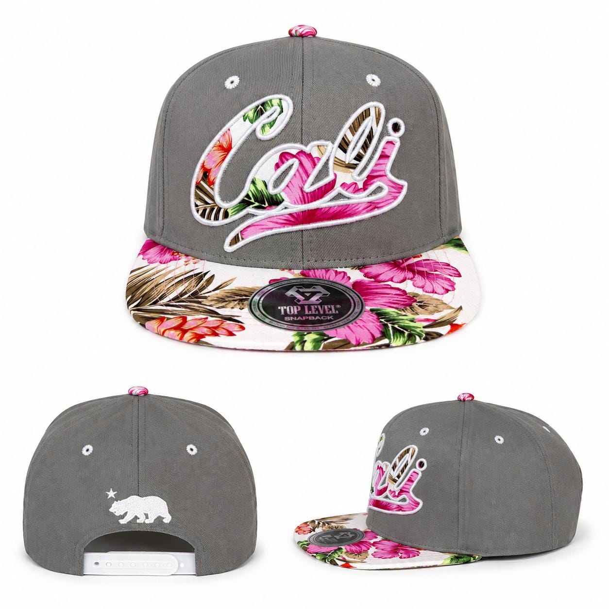 California Floral Snapback Hat | Premium Flat Bill Embroidered Cali Cap | Adjustable California Bear Baseball Cap
