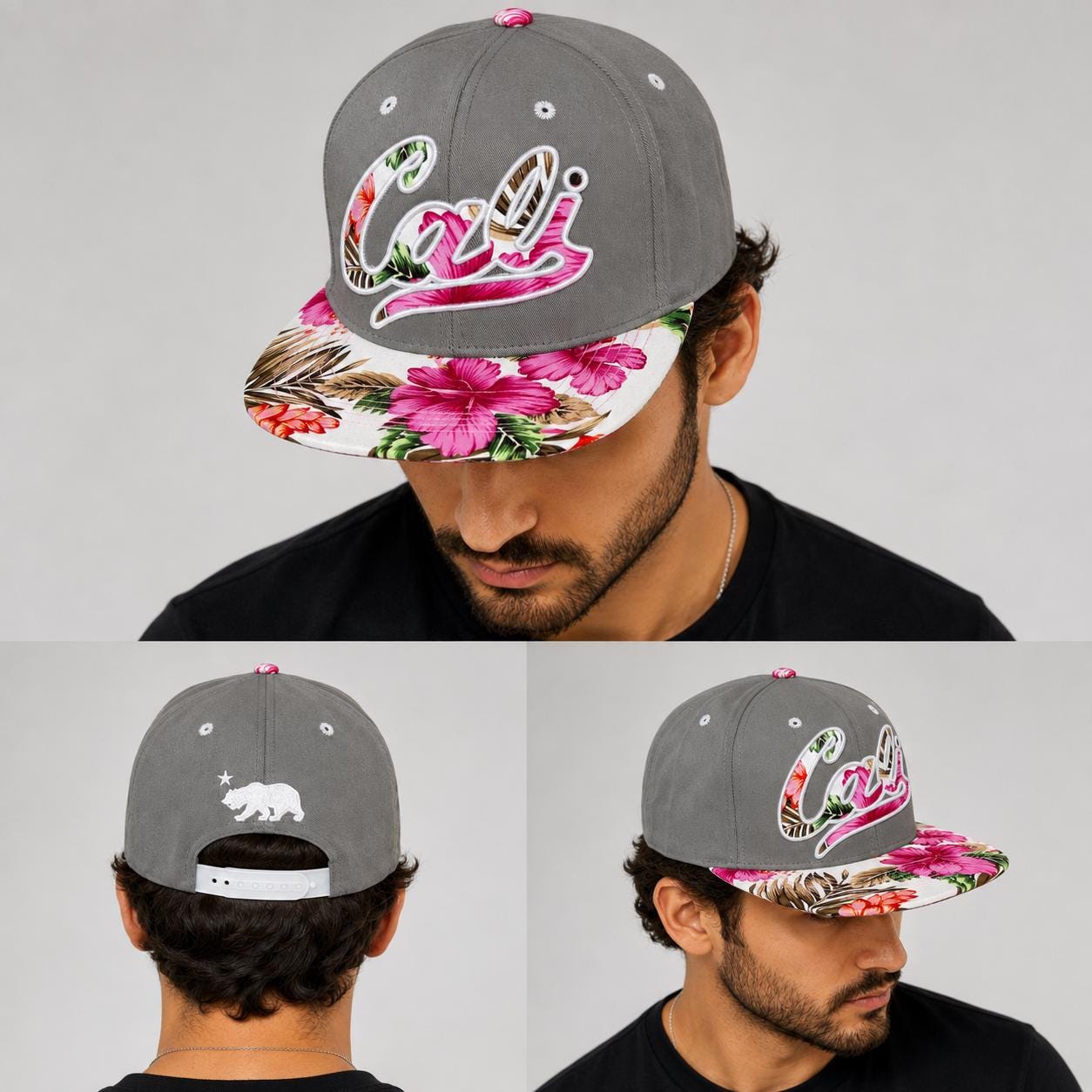 California Floral Snapback Hat | Premium Flat Bill Embroidered Cali Cap | Adjustable California Bear Baseball Cap