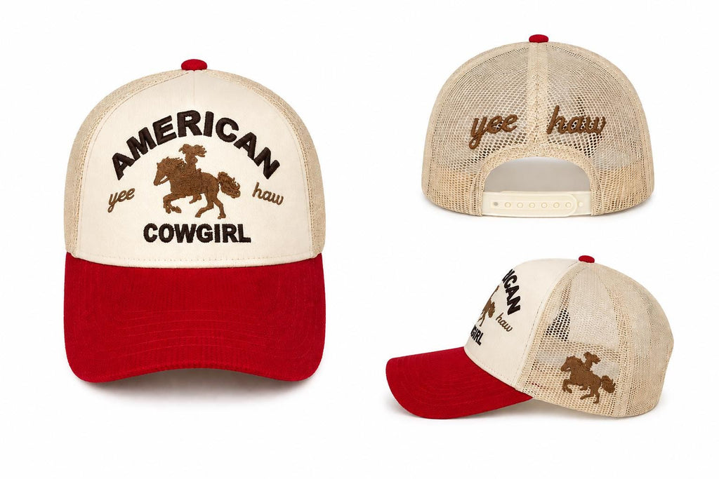 American Cowgirl Trucker Hat | Embroidered Western Mesh Snapback | Yee Haw Rodeo Cap