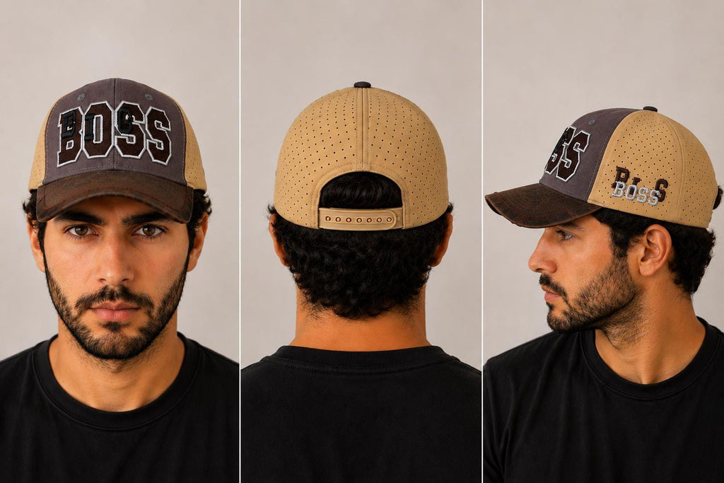 Vintage BOSS Embroidered Trucker Hat | Brown & Tan Snapback Cap | Perforated Breathable Baseball Hat