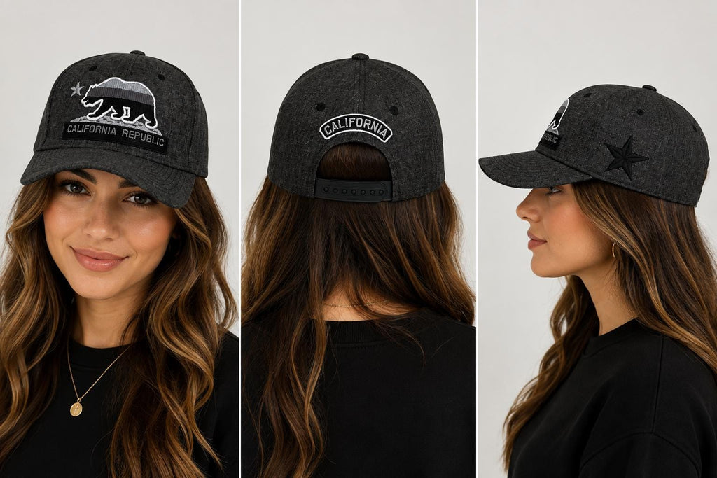California Republic Embroidered Snapback Hat | Charcoal Heather Baseball Cap | Bear Patch Adjustable Cap