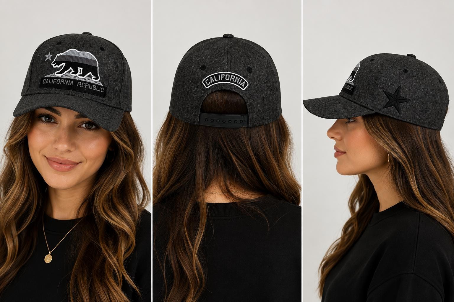 California Republic Embroidered Snapback Hat | Charcoal Heather Baseball Cap | Bear Patch Adjustable Cap
