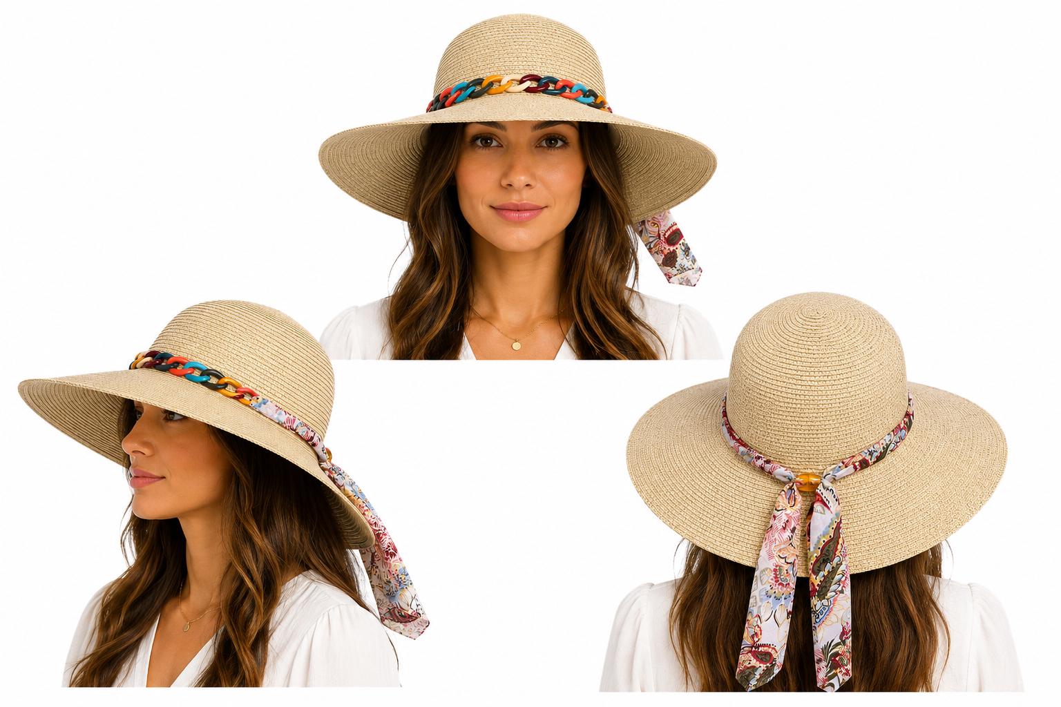 Women's Wide Brim Straw Sun Hat with Colorful Chain Band & Floral Scarf Tie | UV Summer Beach Hat