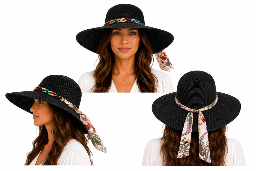 Women's Wide Brim Straw Sun Hat with Colorful Chain Band & Floral Scarf Tie | UV Summer Beach Hat