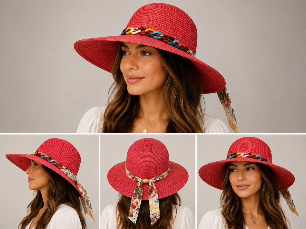 Women's Wide Brim Straw Sun Hat with Colorful Chain Band & Floral Scarf Tie | UV Summer Beach Hat