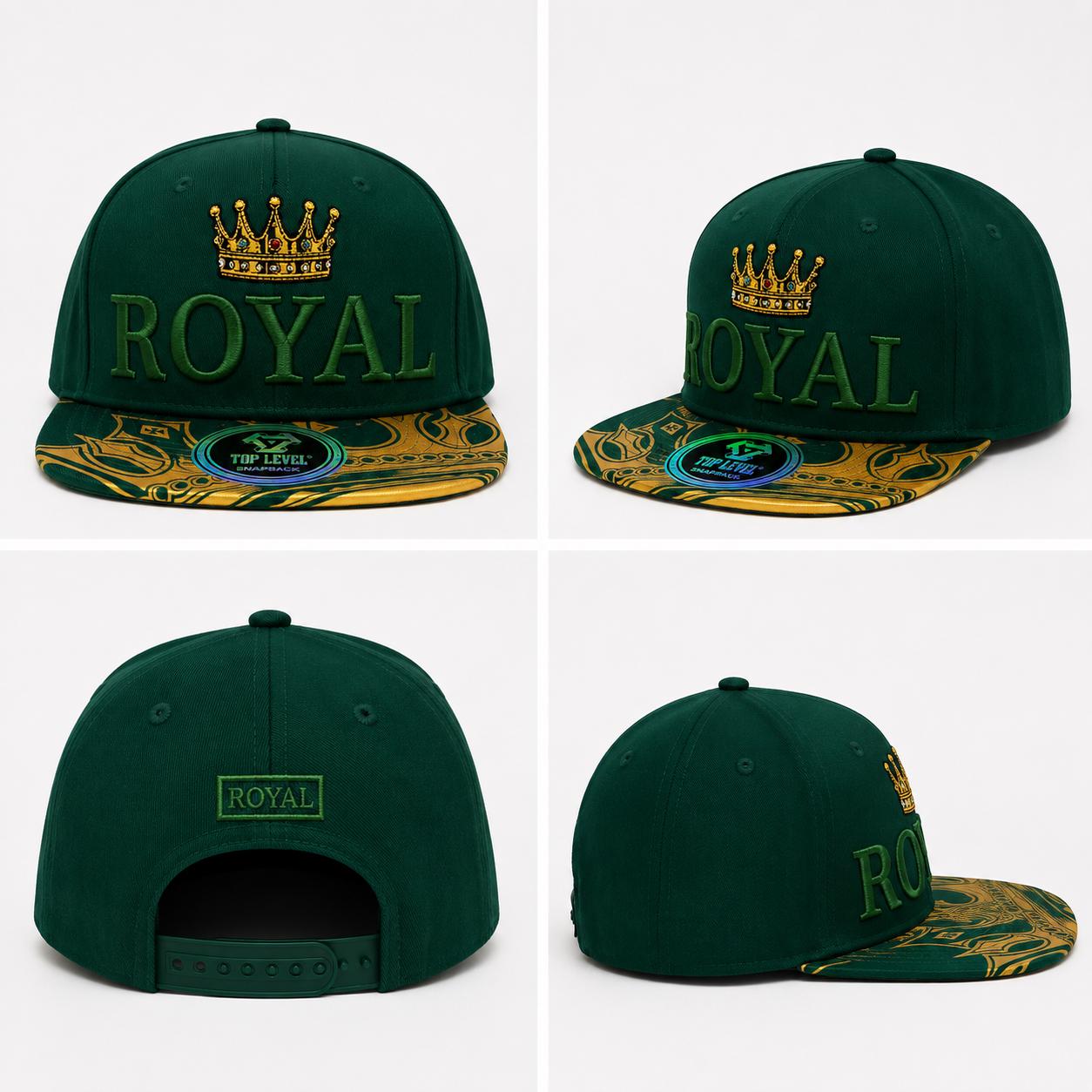 Royal Crown Snapback Hat – Dark Green Flat Brim Cap with Gold Crown Embroidery & Luxury Gold Pattern Visor | Adjustable Snapback