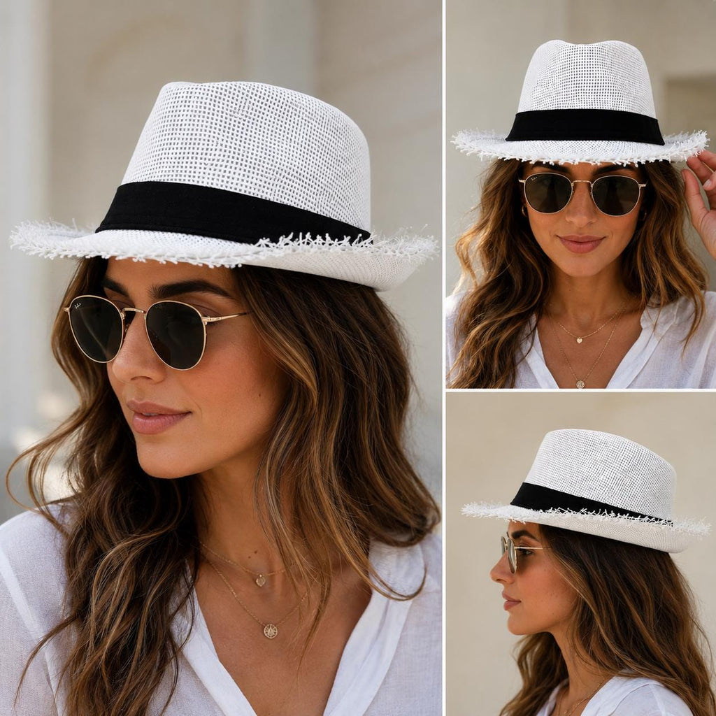 Frayed Brim Woven Fedora Hat | Summer Beach Sun Hat | Unisex Resort Straw-Style Hat