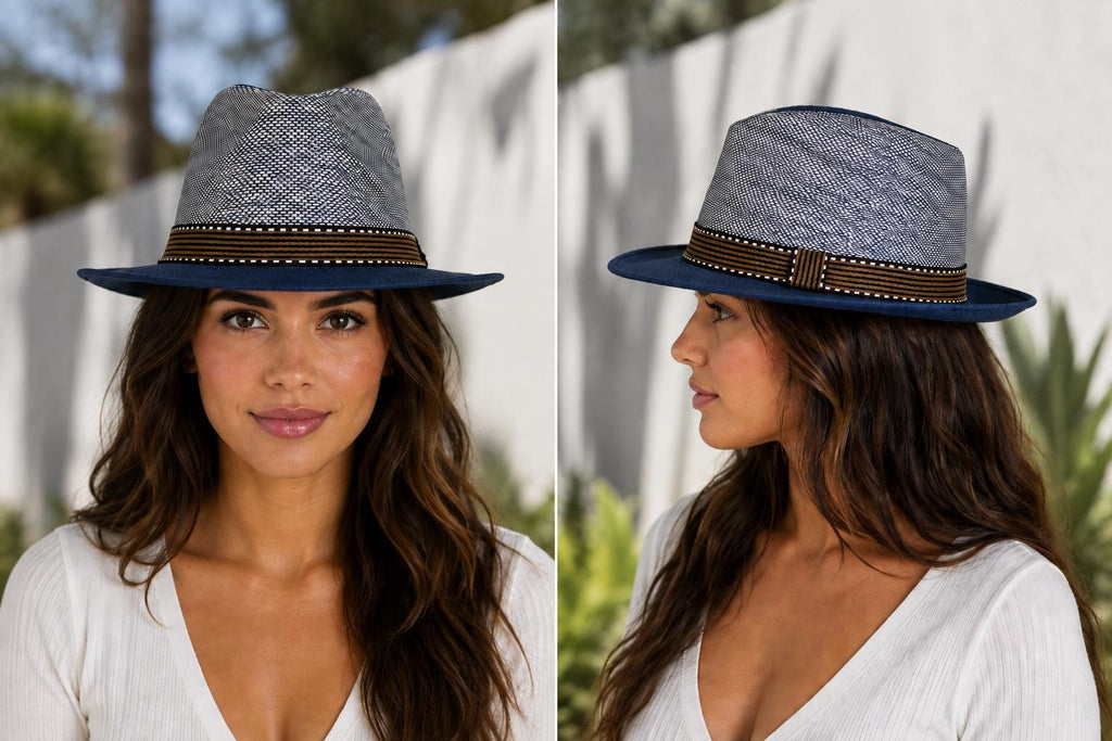 Navy & Ivory Woven Fedora Hat for Women | Wide Brim Summer Sun Hat | Lightweight Fashion Straw Hat | Chapeau by Jess