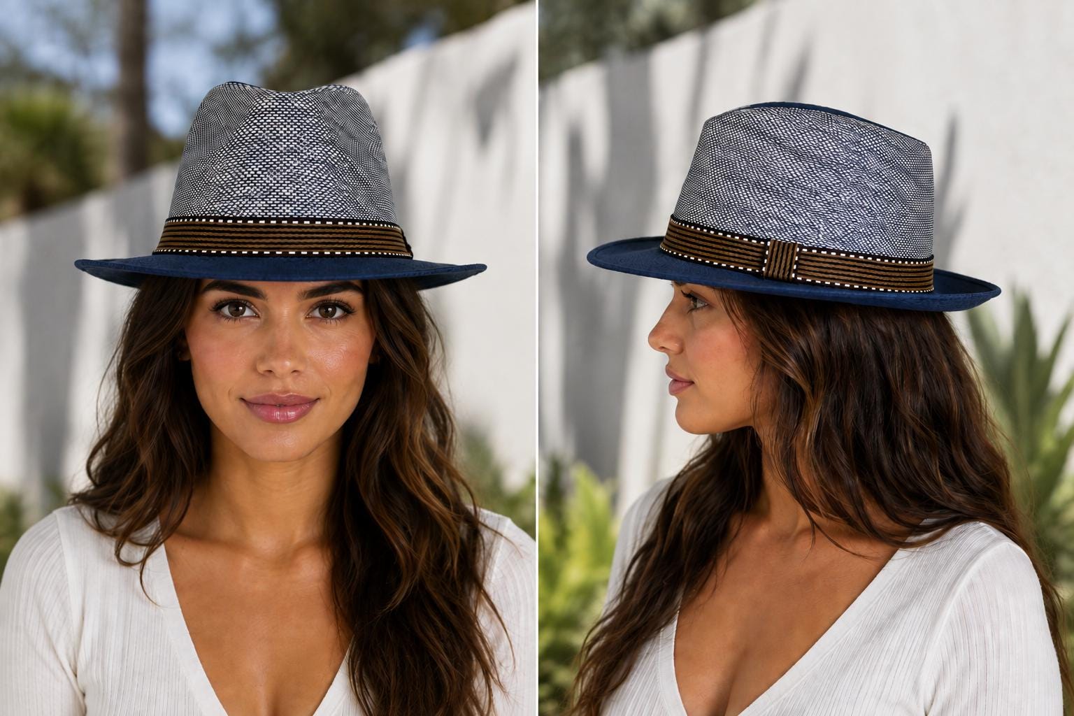 Navy & Ivory Woven Fedora Hat for Women | Wide Brim Summer Sun Hat | Lightweight Fashion Straw Hat | Chapeau by Jess