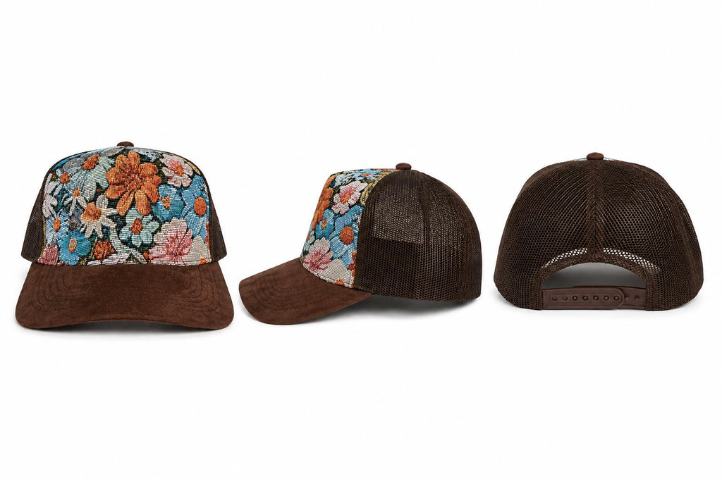 Vintage Tapestry Trucker Hat | Suede Brim Mesh Snapback Cap | Floral & Paisley Woven Baseball Hat | Unisex
